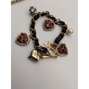 Betsey Johnson Black Ribbon Animal Print Heart Charm Toggle Bracelet